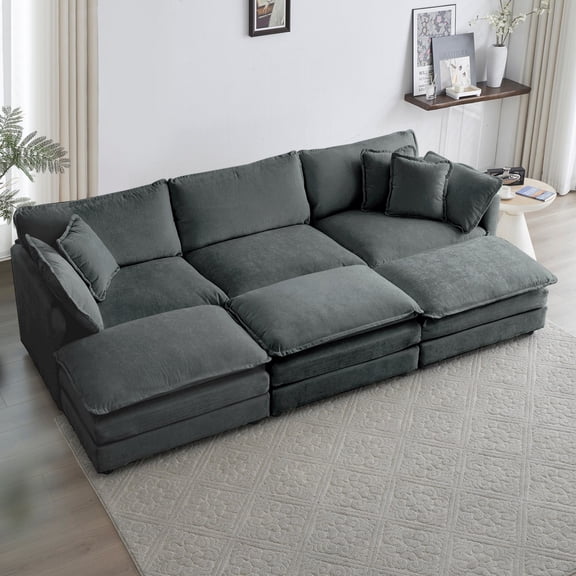3-Seater Comfortable Deep Seat Reversible Modular Sectional Super Soft Sofa U Shaped Sectional Couch with 3 Ottomans, 3 Toss Pillows and 2 Arm Pillows (Gray)