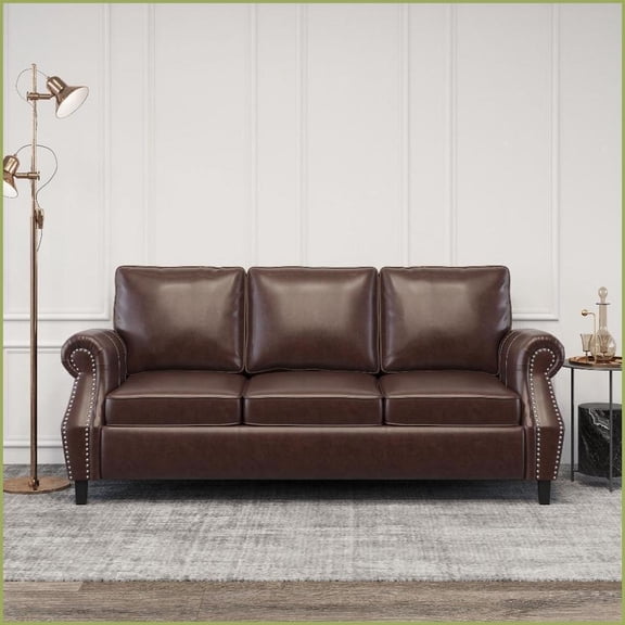 3-Seater Contemporary Faux Leather Sofa | Rolled Arms | Birch Wood Legs | Nailhead Trim Living Room Ready