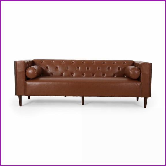 3-Seater Contemporary Tufted Sofa with Rolled Pillows | Tight Back | Square Arms | Brown Living Room Furniture