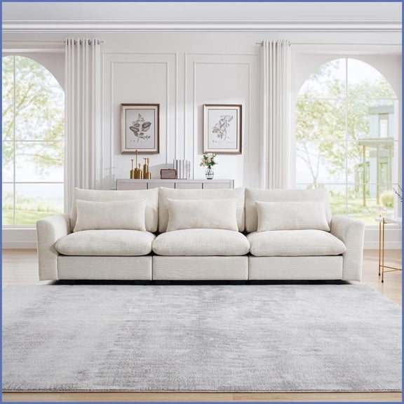 3-Seater Corduroy Deep Seat Sofa with 3 Waist Pillows | Beige | Cushion Back | Comfy Living Room Couch for Versatile Spaces