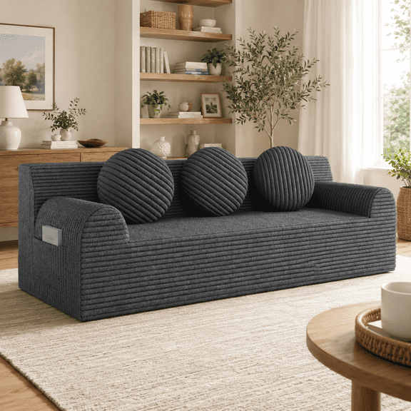 UHOMEPRO 3 Seater Corduroy Sofa, 71 Inch Compact No Assembly Couch with 30D High Density Foam, Low Profile Cloud Floor Sofa for Apartment Bedroom Small Living Room, Deep Gray