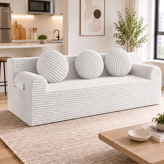 UHOMEPRO 71" Compact Cloud Couch, 3 Seater Low Profile Floor Sofa and Couch, No Assembly High Density Foam Couch, 1200lbs Capacity for Living Room Small Space, White