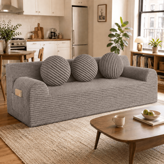 3 Seater Corduroy Sofa, UHOMEPRO No Assembly Deep Seat Couch, Comfy Loveseat Sofa with Plush Foam Cushion, Modern Floor Sofa for Living Room, Bedroom, Apartment, Guest Room, Camel