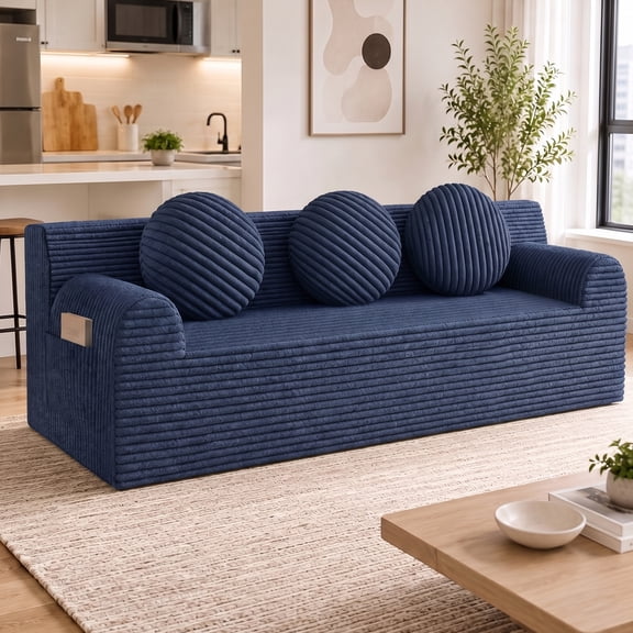 UHOMEPRO 3 Seater Corduroy Sofa, 71 Inch Compact No Assembly Couch with 30D High Density Foam, Low Profile Cloud Floor Sofa for Apartment Bedroom Small Living Room, Blue