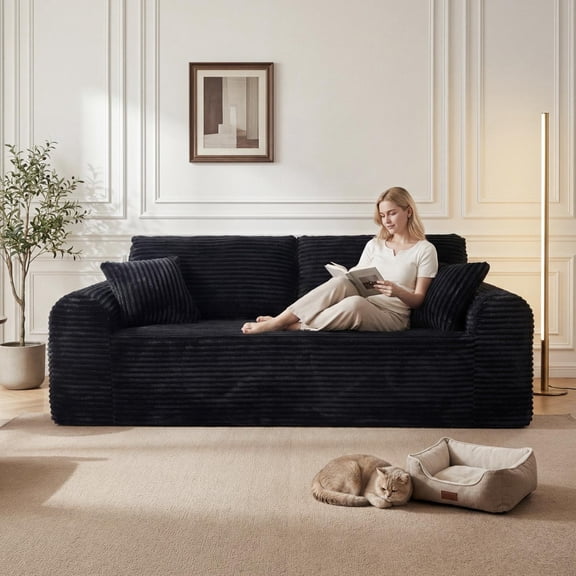 3 Seater Couch, Corduroy Boneless Couch for Living Room with Deep Seat, 86.6 Inch Cloud Sofa with 2 Pillows, Upholstered Floor Sofa in A Box Vacuum Compressed No Assembly, Black