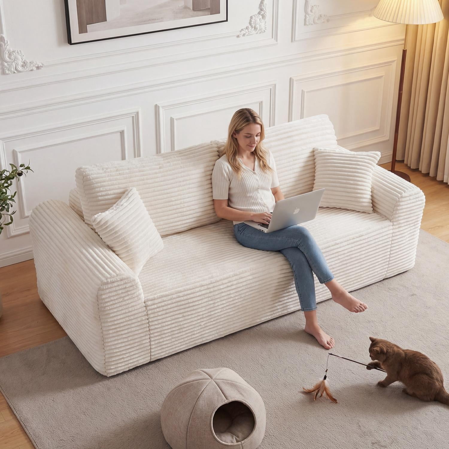 3 Seater Couch, Corduroy Boneless Couch for Living Room with Deep Seat, 86.6 Inch Cloud Sofa with 2 Pillows, Upholstered Floor Sofa in A Box Vacuum Compressed No Assembly, White