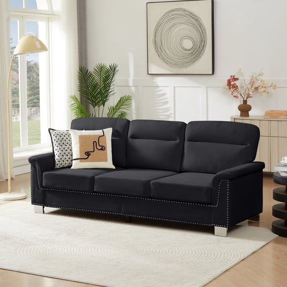 3 Seater Couch for Living Room, 82" Velvet Cloud Couch with Nailhead Trim, Modern 3 Seater Sofa with Thickened Cushion and Wide Armrests for Living Room, Black