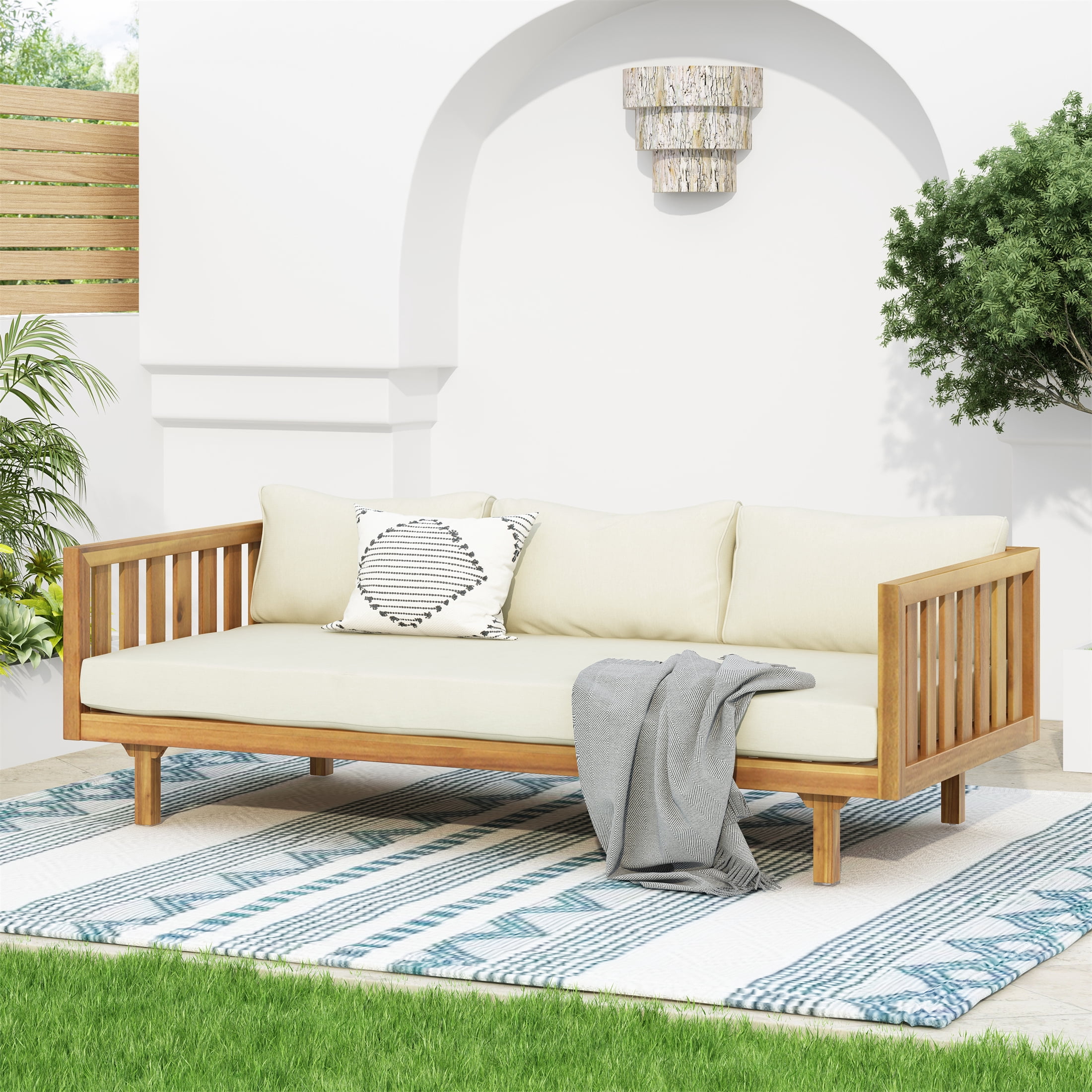 3 Seater Daybed, Outdoor Patio Leisure Daybed for Patio Garden, Teak and Beige
