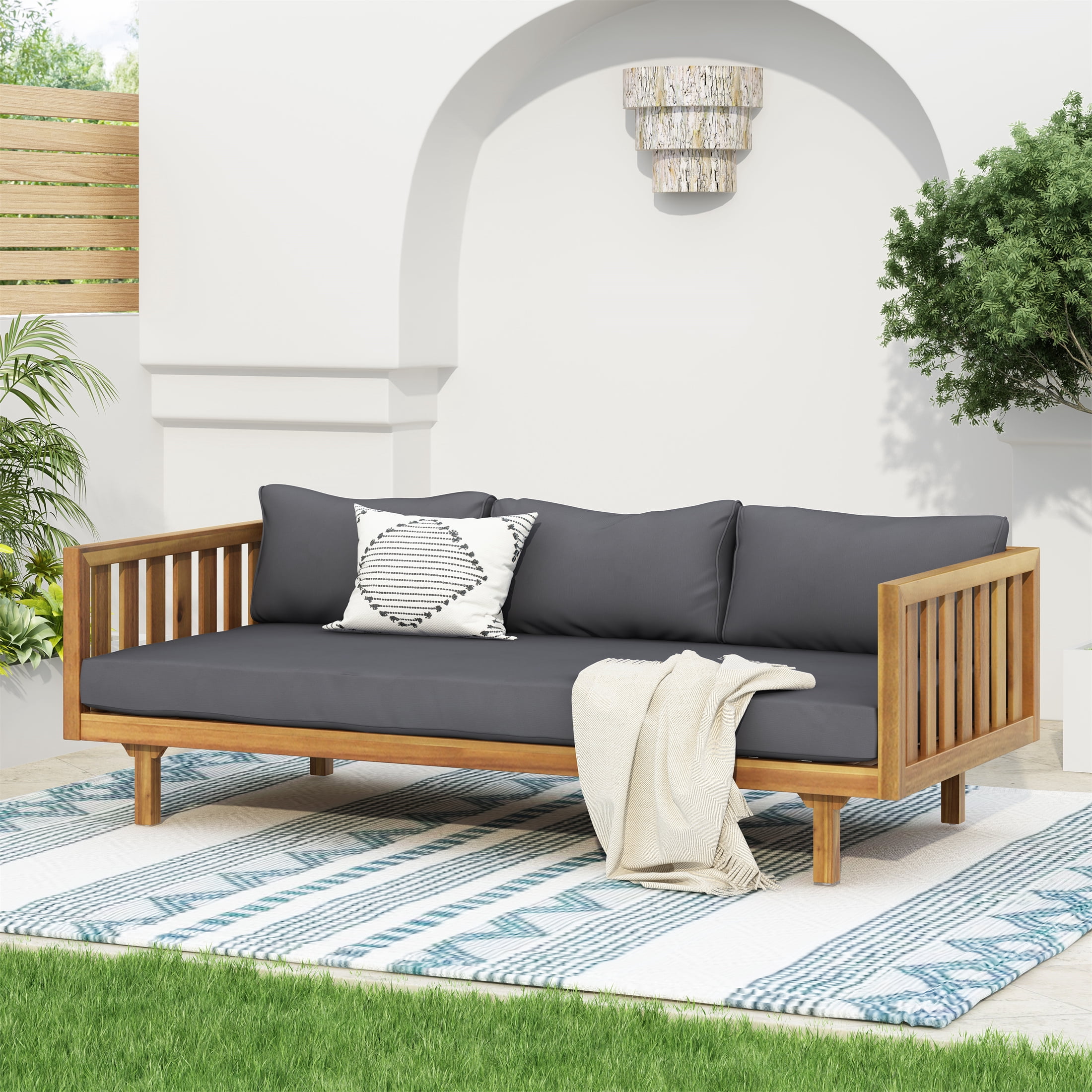 3 Seater Daybed, Outdoor Patio Leisure Daybed for Patio Garden, Teak and Dark Grey
