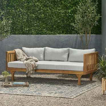 3 Seater Daybed, Outdoor Sofa with Water-Resistant Cushions and Slat Paneling, for Outdoor Courtyard, Garden, Gazebo (Teak+Gray Cushion)