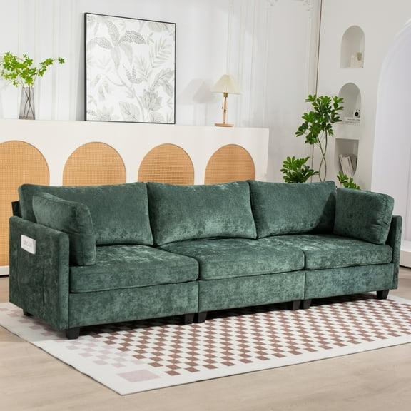 KYLE & KAY 3 Seater Deep Seat Sofa, Modular Sectional Sofa Couch with Arm Pillows and Pillows, Chenille Comfy Cloud Couch for Living Room, Bedroom, Office, Dark Green