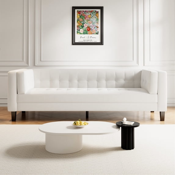 3 - Seater Ivory White Velvet Sofa | With Removable High - Density Foam Cushions | Relaxed and Supportive Seating