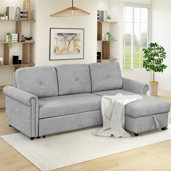 3-Seater L-Shape Corner Couch with Storage Chaise, 83" Convertible Sectional Sofa Couch, Modern Sleeper Sofa Bed Small Space Sofa for Living Room, Apartment and Office, Grey