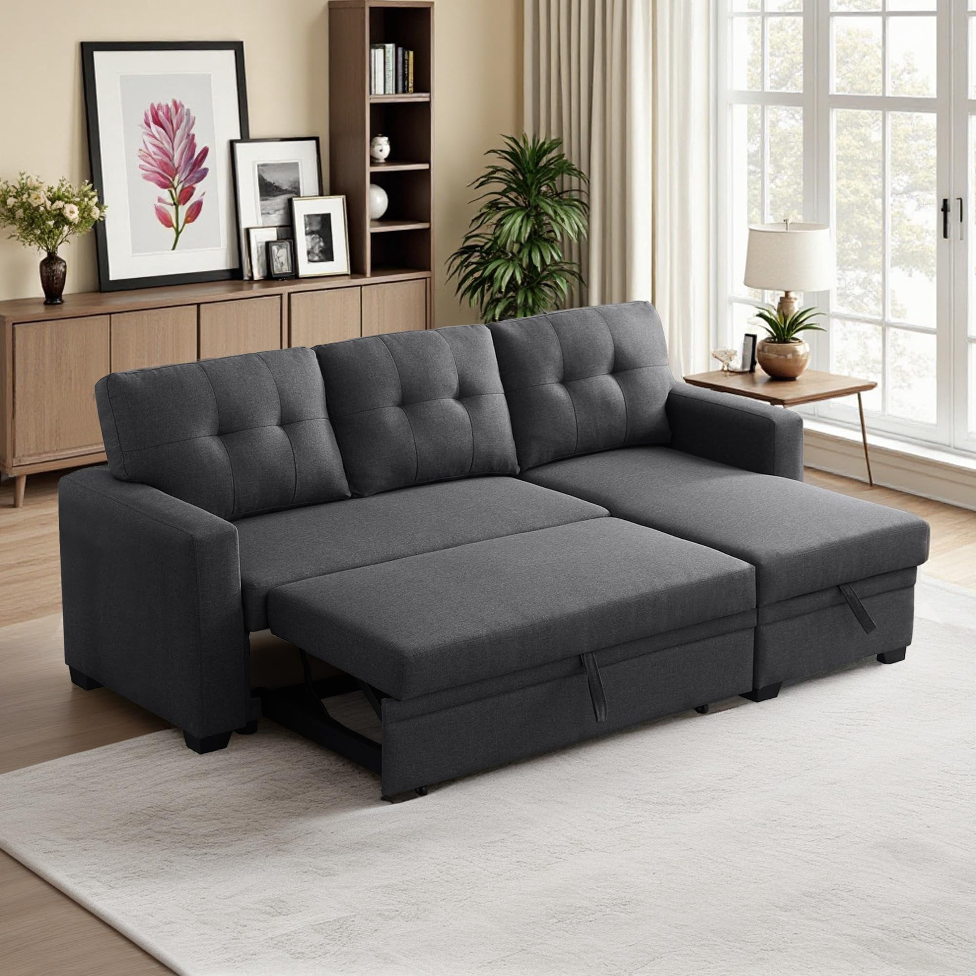3 Seater L Shaped Convertible Sleeper Sectional Sofa Pull-Out Couch Bed ...