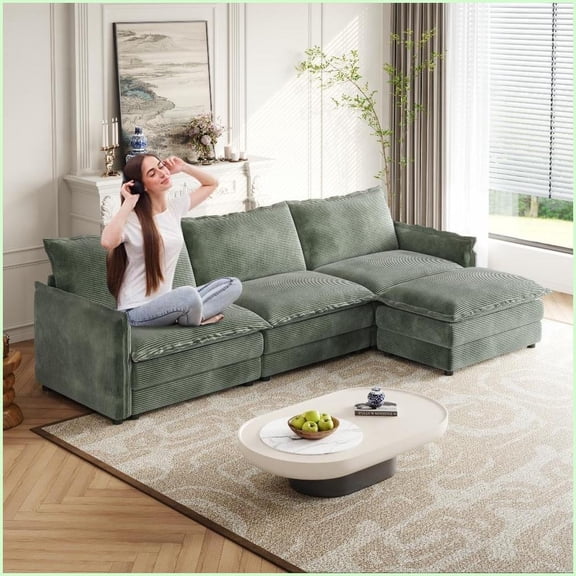3-Seater L-Shaped Corduroy Sofa with Movable Footrest Solid Wood Frame for Living Room | Corduroy | Solid Wood | Cushion Back