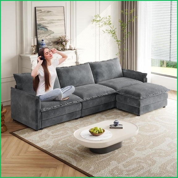 3-Seater L-Shaped Corduroy Sofa with Movable Footrest Sturdy Wood Frame for Living Room | Corduroy | Wood | Cushion Back