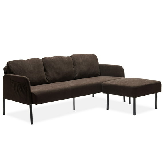 3 Seater L-Shaped Polyester Fabric Sofa with Ottoman, Modern Upholstered Sofa with Side Bags, Comfy Small Couches for Small Space Living Room, Bedroom, Office, Apartment, Brown