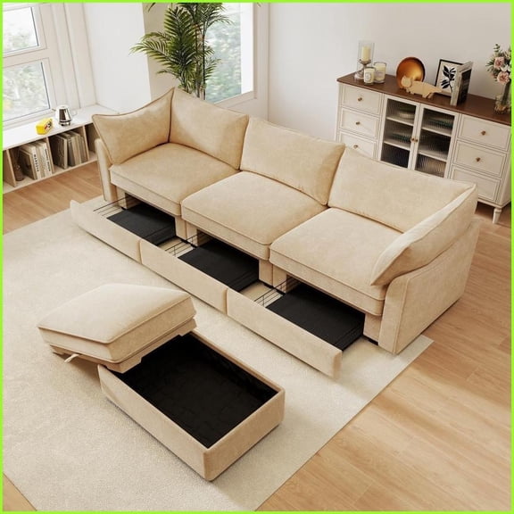 3-Seater L-Shaped Sectional Sofa with Movable Ottoman | Chenille Fabric | Cushion Back | Flared Arms – Modern Nordic Living Room Sofa with Storage & Wraparound Cushions