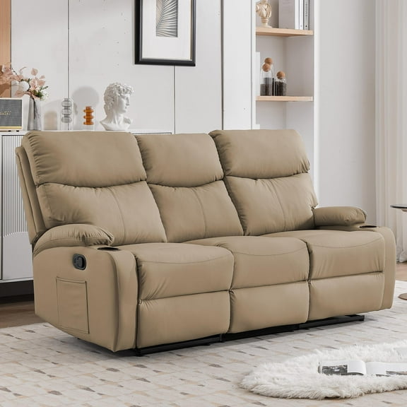 3-Seater Manual Leather Reclining Sofa with Side Pockets, Light Khaki Triple Recliner Couch for Family Gatherings & Home Theater Comfort
