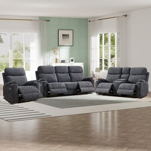 3-Seater Manual Recliner Sofa,2+3 Pieces Overstuffed Fabric Reclining Couch with Removable Console Featuring Cup Holders for Living Room and Home Theater(Dark Gray,Loveseat+Sofa)