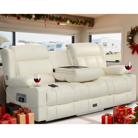 3-Seater Manual Reclining Sofa with Center Console Drop-Down Table, USB , Cup Holders, Side Pockets & Drawer, for Living Room RV, PU White