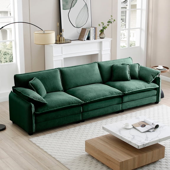 3-Seater Mid-Century Modern Sectional Sofa with 2 Arm Pillows and 3 Throw Pillows Fabric (Green)