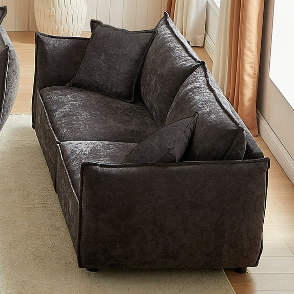 3-Seater Modern Freestanding Sofa with 2 Pillows and Thickly Padded Seat, Linen Fabric Sofa with Wooden Frame for Living Room/Office Room/Apartment, Black