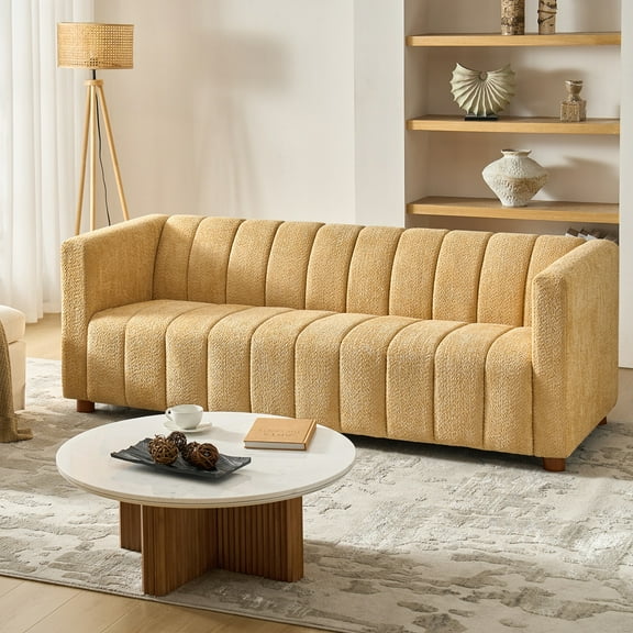 3-Seater Modern Sofa with Removable Throw Pillows Chenille Fabric Couch for Living Room Camel