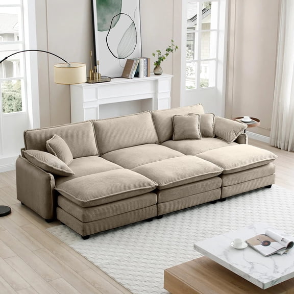 3-Seater Modular Corduroy Sectional Sofa with 3 Ottomans Sleeper Bed Design Tan