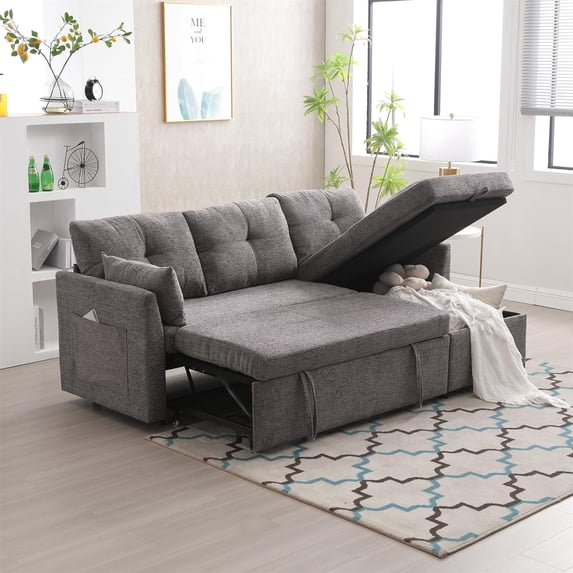 3 Seater Modular Sectional Sofa with Pull-Out Bed and Reversible Storage Chaise, Comfy Chenille L Shaped Convertible Sleeper Couch with Pocket 3 Seat Couch for Living Room Home Office Gray