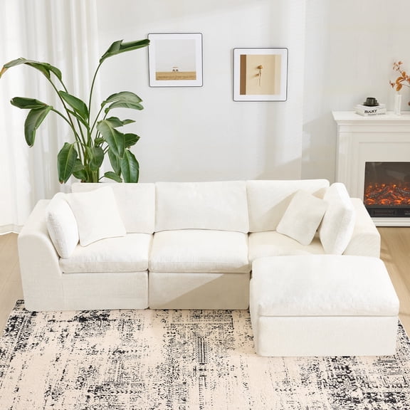 108'' Chenille Sectional Sofa with Movable Ottoman, Modern Boneless Cloud Couch with Deep Seat, 3-Seater L-Shaped Modular Sofa for Living Room, No Assembly Required, Beige