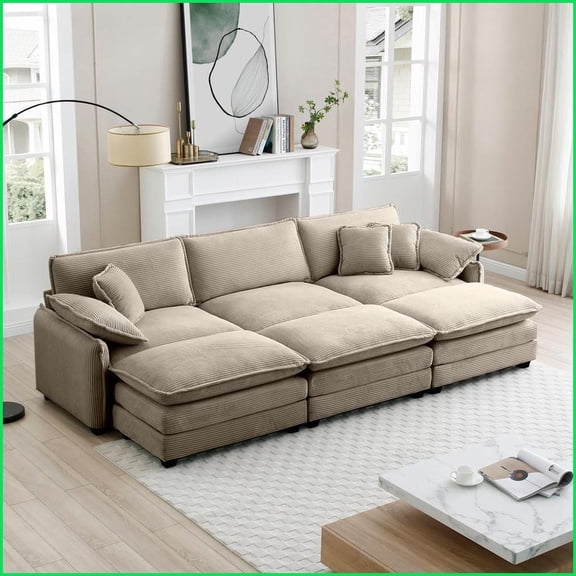 3-Seater Modular Sleeper Sofa with 3 Ottomans - Tan Corduroy Retro-Modern for Living Room Bedroom | Tan | Corduroy | Cushion Back