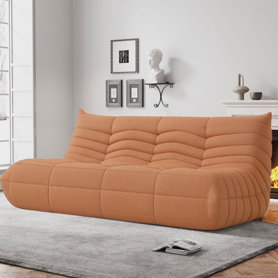 3-Seater Orange Memory Foam Floor Sofa With Quilted Teddy Texture, Modern Modular Lounge Chair For Living Room