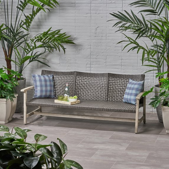 3 Seater Outdoor Patio Sofa, Rattan Couch Furniture with Wood Wide Armrests and Deep Seating, 3-Seat Patio Sofa for Porch, Backyard, Pool, Sunroom, Poolside (Grey)