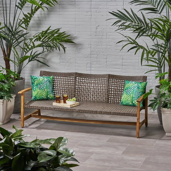 3 Seater Outdoor Patio Sofa, Rattan Couch Furniture with Wood Wide Armrests and Deep Seating, 3-Seat Patio Sofa for Porch, Backyard, Pool, Sunroom, Poolside (Natural)