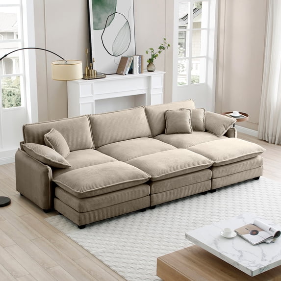 3-Seater Oversized Modular Cushioned Sofa with 3 Ottomans to Work as Sleeper Sofa Beds, 3-Seater Sofa with 3 Footstools Fabric (Tan)