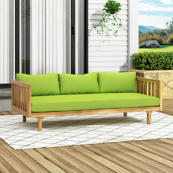 3 Seater Patio Sofa, Solid Wood Patio Daybed, Patio Sofa Bed with Water-resistant Cushions for Garden Backyard Porch, Light Green