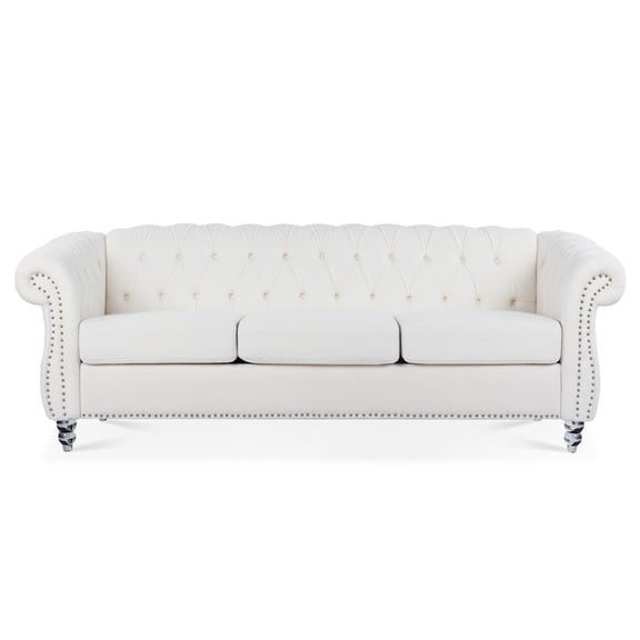 3 Seater Polyester Chesterfield Sofa, Button Tufted Couch With Nailhead Trim Rolled Arms for Living Room Office