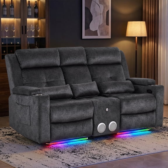 3-Seater Power Recliner Sofa, Home Theater Seating with Adjustable LED Lights & Hidden Console Storage, Bluetooth Speakers, USB Ports for Living Room, Home Theater, RVs (Gray)