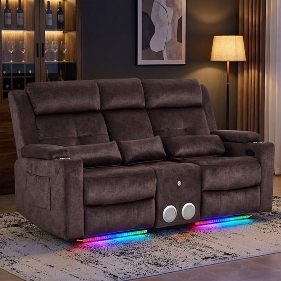 3-Seater Power Recliner Sofa, Home Theater Seating with Adjustable LED Lights & Hidden Console Storage, Bluetooth Speakers, USB Ports for Living Room, Home Theater, RVs (Gray)