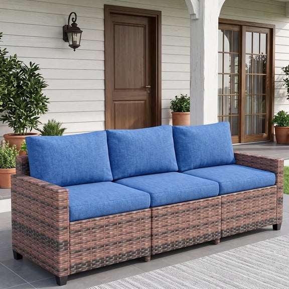 3-Seater Rattan Outdoor Sofa with Fixed Tall Legs & Detachable Washable Cushions, Weather Resistant Outdoor Patio Furniture Set for Garden, Backyard, Courtyard(Blue)