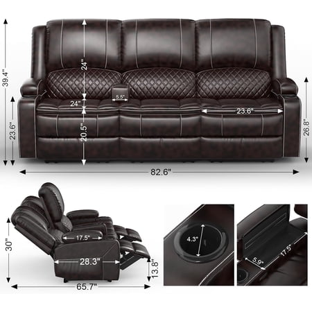 3-Seater Recliner Sofa with Multi-Functional Middle Seat, Hidden Storage, Cup Holders, and Removable Console - Brown