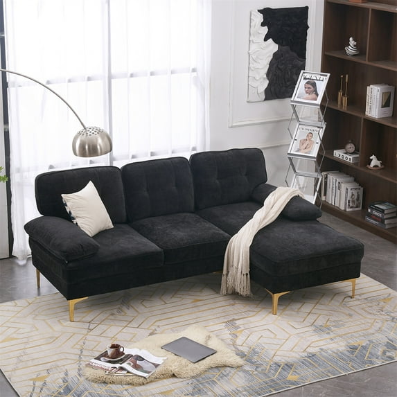 3 Seater Sectional Sofa, L-Shaped Modular Sofa with Gold-Plated Feet, Chenille Fabric Upholstered Accent Sofa, Indoor Sectional Couch for Living Room, Apartment, Office, Black