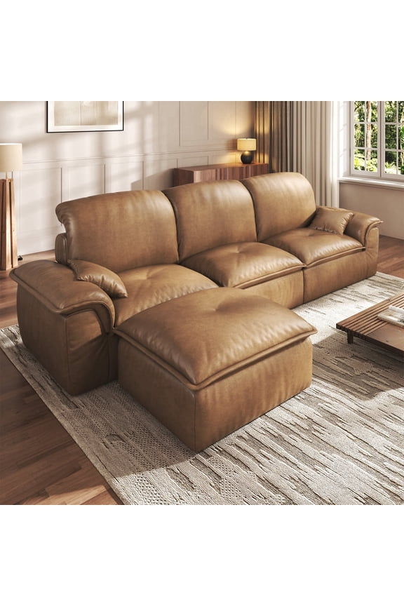 Sectional Sofa, 110" L-Shaped Deep Seat Couch, Modular Sofa with Back Cushion for Living Room, PU Leather Boneless Sofa, No Assembly Required, Brown