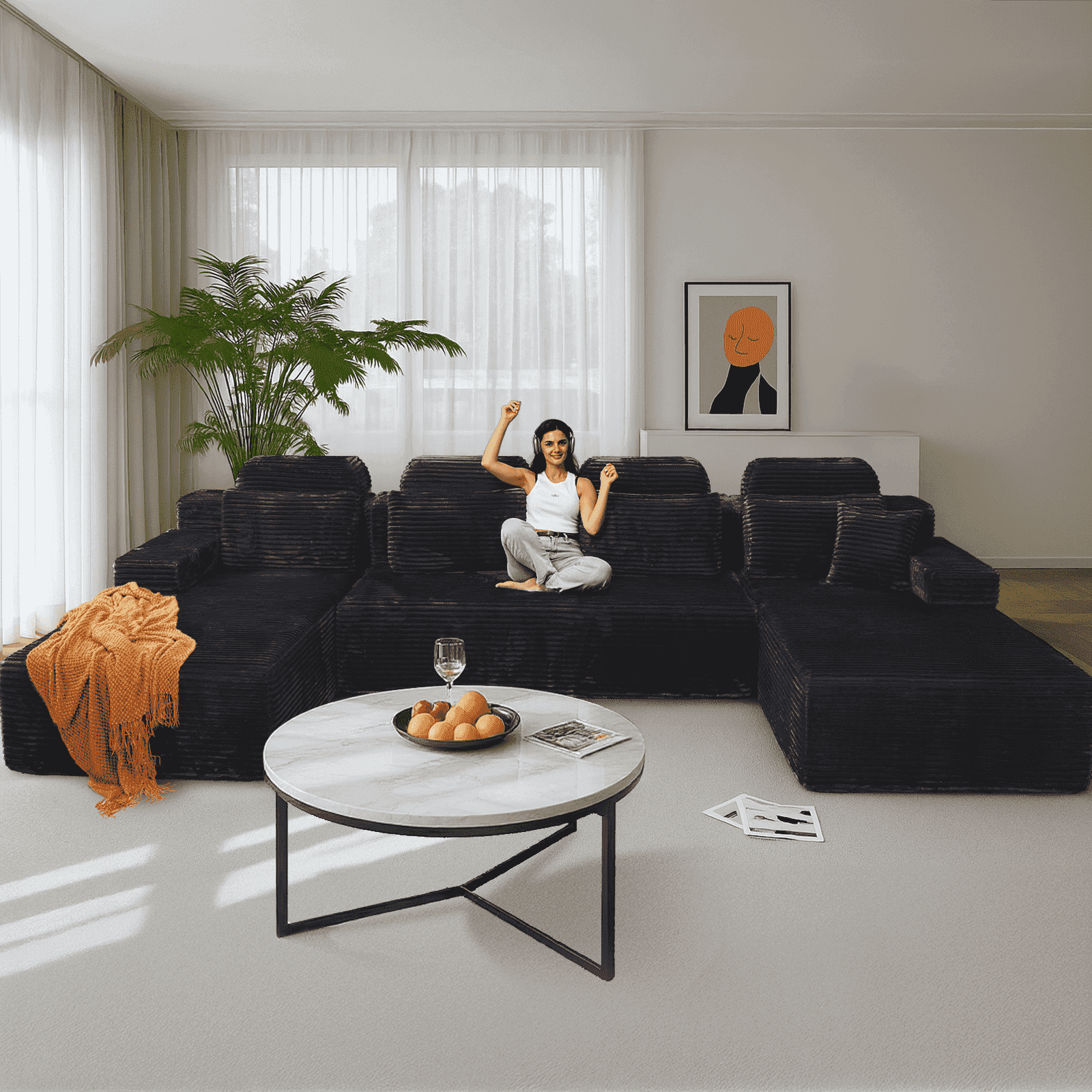 141" Super Large High Backrest Sectional Sofa&Couch, U-Shaped Soft Corduroy Modular Boneless Sofa with Deep Seat for Living Room Bedroom