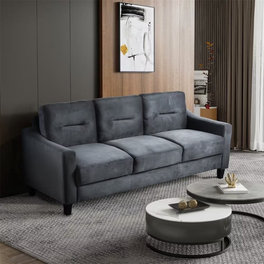 3 Seater Sofa, 76.7" Modern Chenille Fabric Tufted Upholstered Accent Sofa with Curved Backrest and Removable Seat Cushion, Comfy Couch for Living Room Bedroom Office Small Space, Black