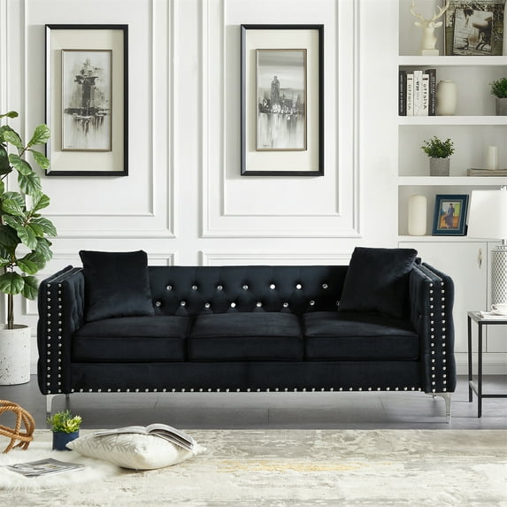 3 Seater Sofa, 82.3" Modern Velvet Tufted Upholstered Accent Sofa with 2 Pillows and Jeweled Buttons Velvet Sofa with Curved Backrest & Square Arm and Metal Legs for Living Room Office, Black