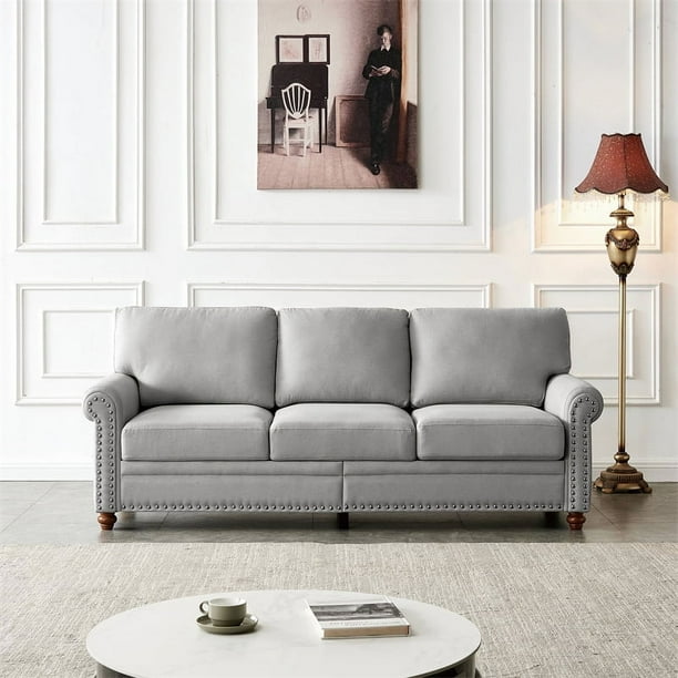 3 Seater Sofa 82.6 Modern Linen Fabric Tufted Upholstered Accent Sofa with Storage Box and Silver Nails Curved High Back and Solid Wood Leg for Living Room 7 Inches Seat Cushion Grey