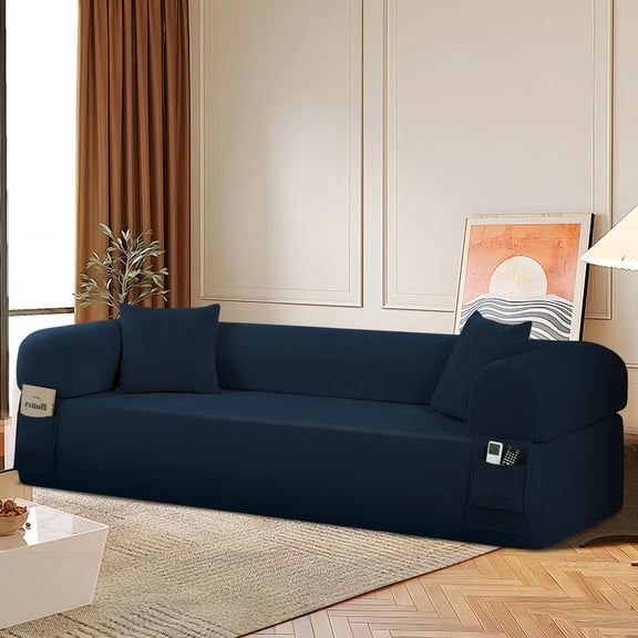 3-Seater Sofa, 83" No Assembly Deep Loveseat Couch in A Box, Spring & High-Elastic Sponge Filling Sofas with 2 Cushions & Side Storage Pockets for Living Room Apartment, Blue