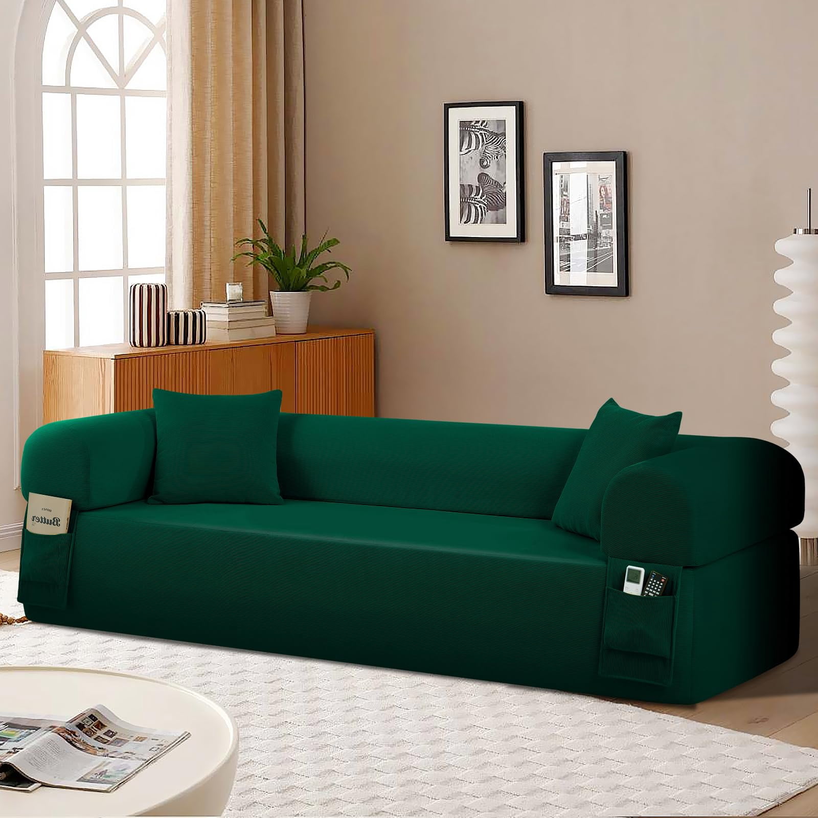 3-Seater Sofa, 83" No Assembly Deep Loveseat Couch in A Box, Spring & High-Elastic Sponge Filling Sofas with 2 Cushions & Side Storage Pockets for Living Room Apartment, Green